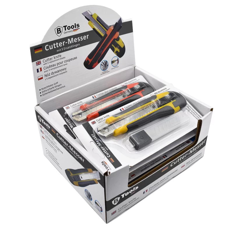 B-Tools Cuttermesser 18 mm mit 5 Ersatzklingen – rutschfester Gummigriff