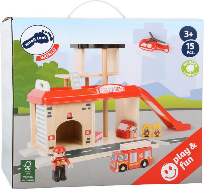 small foot Feuerwehrwache mit Feuerwehrauto & Hubschrauber – Holzspielzeug ab 3 Jahren