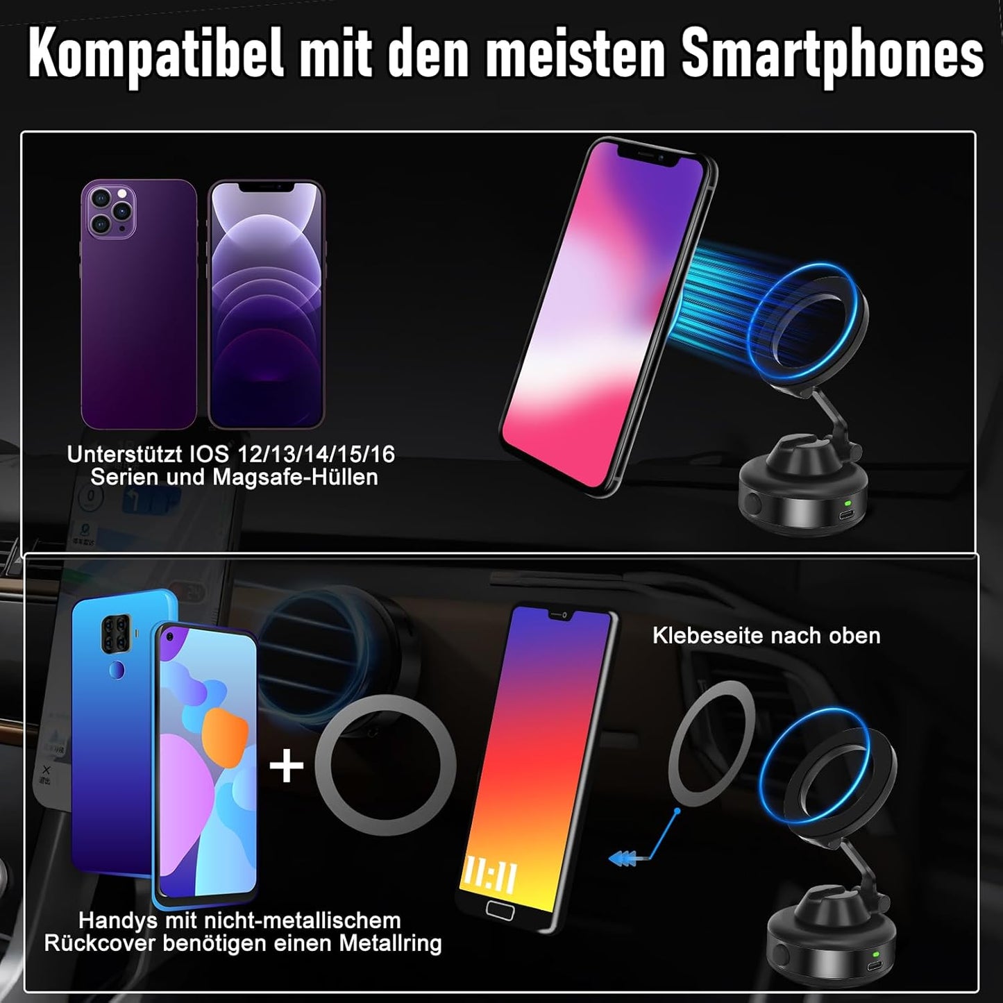 Magnetische Elektrische Handyhalterung Auto – Vakuum, 360° Drehbar & Faltbar