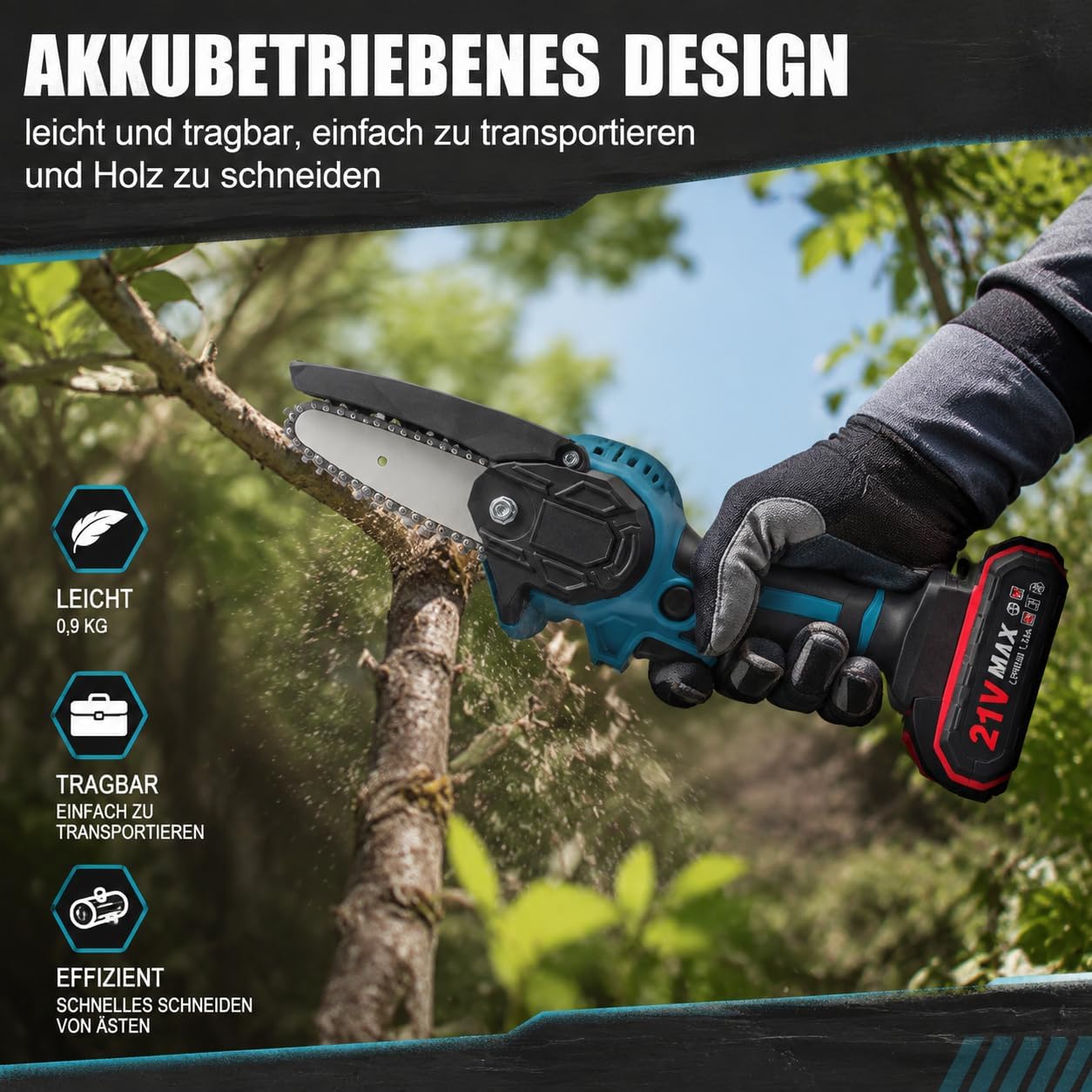 21V Akku Mini Kettensäge – kompakte 4-Zoll-Astsäge mit 2 Akkus