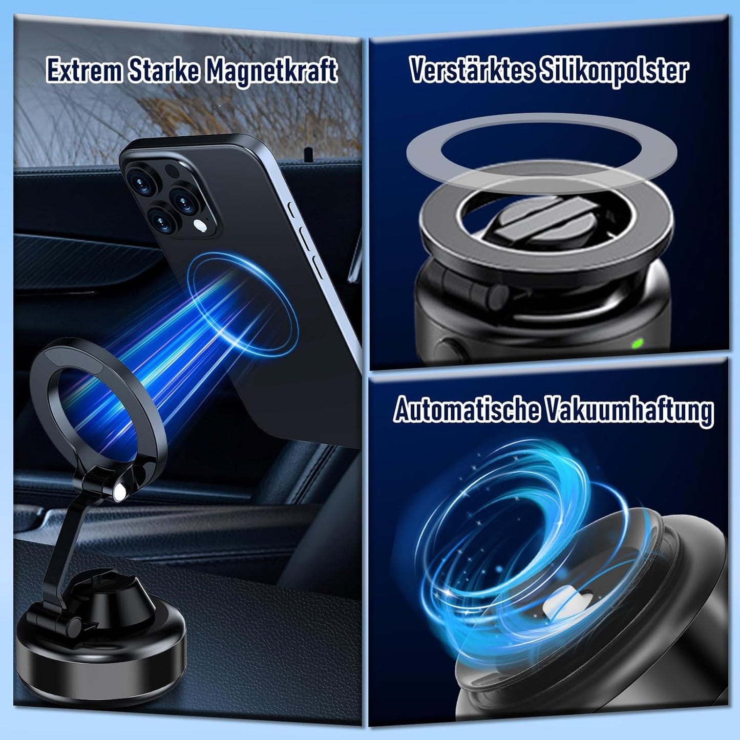 Magnetische Elektrische Handyhalterung Auto – Vakuum, 360° Drehbar & Faltbar