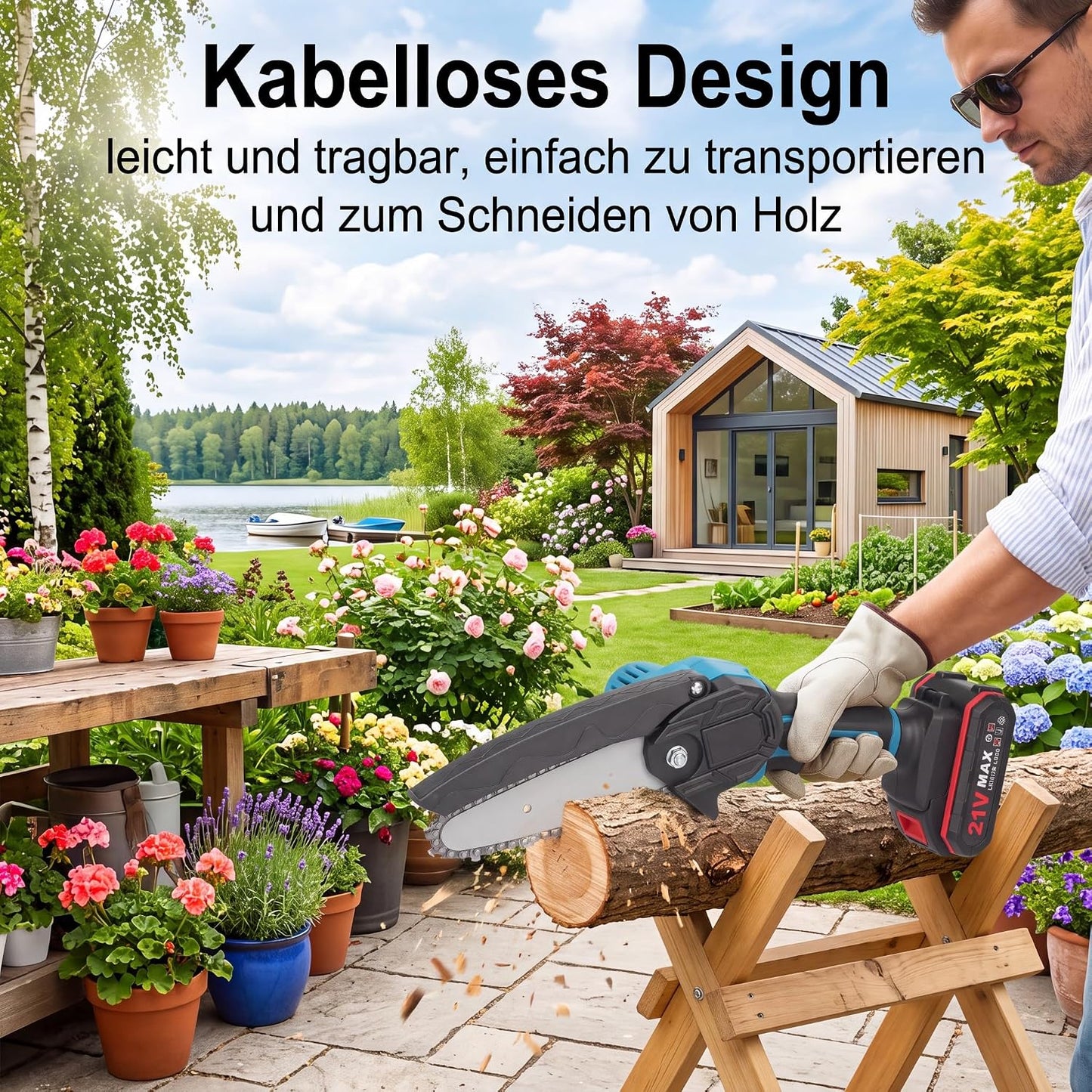 21V Akku Mini Kettensäge – kompakte 4-Zoll-Astsäge mit 2 Akkus