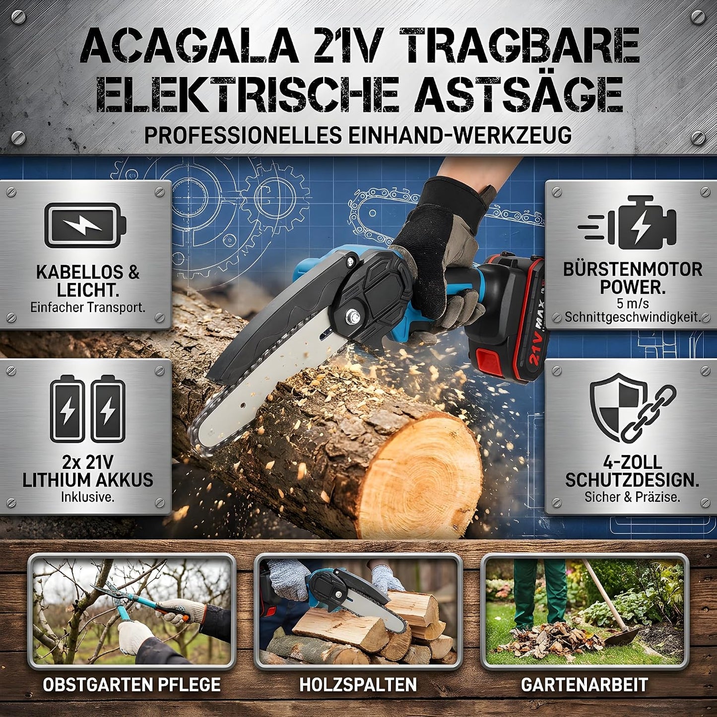 21V Akku Mini Kettensäge – kompakte 4-Zoll-Astsäge mit 2 Akkus