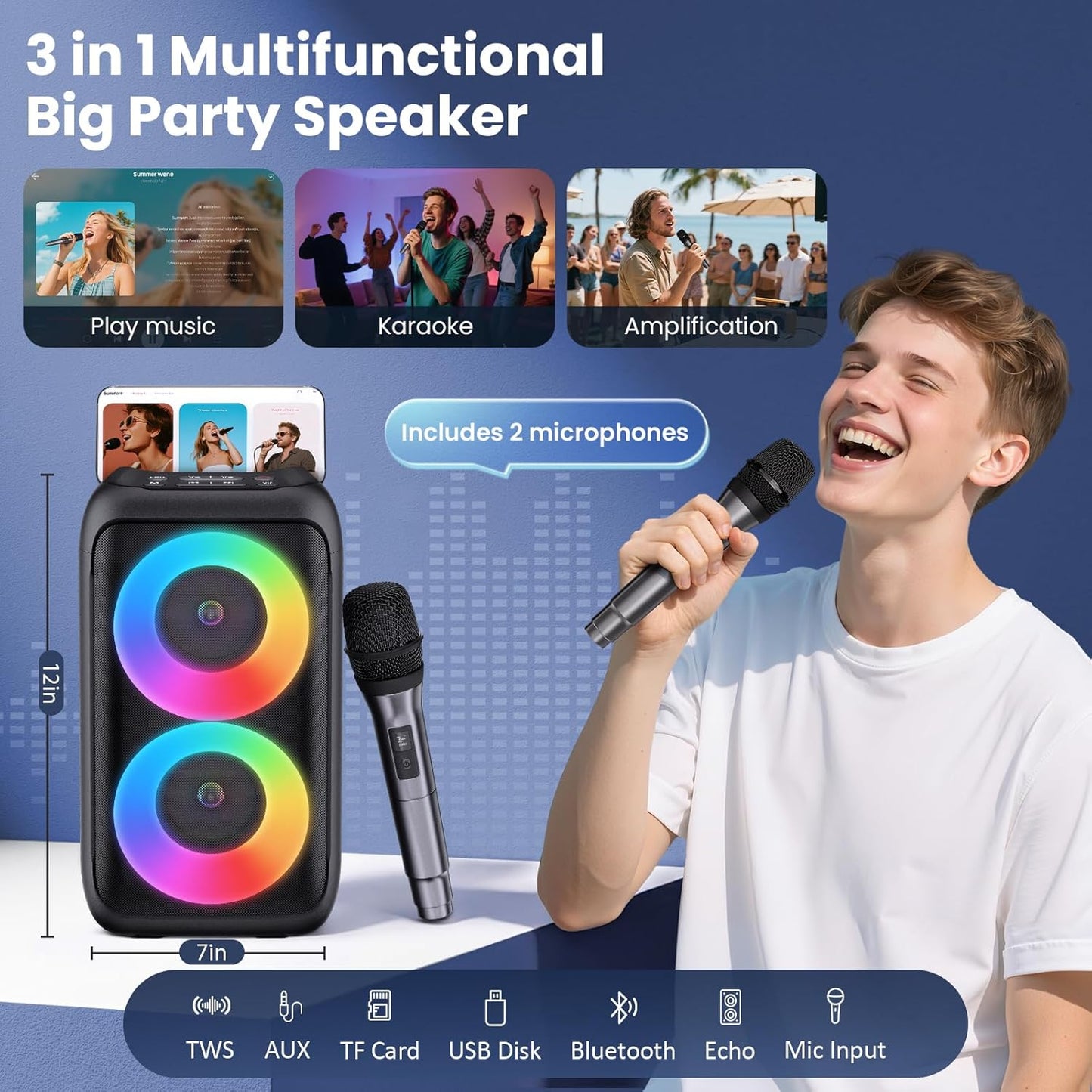 Karaoke Maschine 2 Mikrofonen – Bluetooth Lautsprecher mit LED