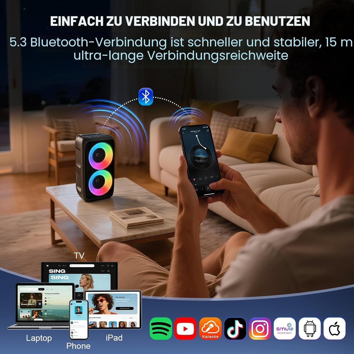 Karaoke Maschine 2 Mikrofonen – Bluetooth Lautsprecher mit LED