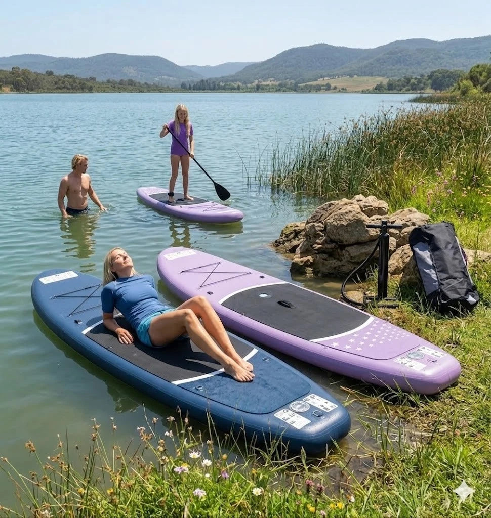 XXL SUP Board Set 366 cm Lila – Aufblasbares Stand Up Paddle Board mit Kajak Sitz, Paddel, Pumpe & Rucksack