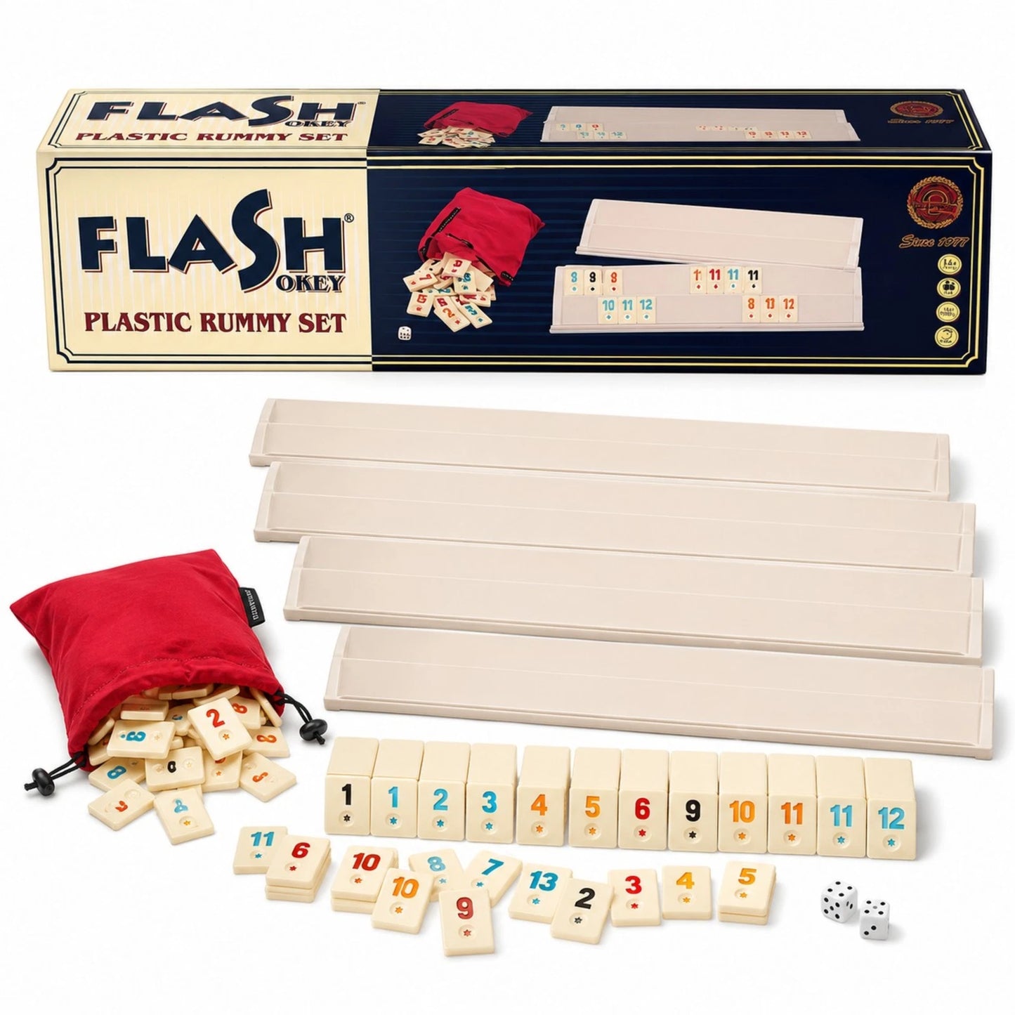 Premium Okey / Rummy Spiel aus Buchenholz mit großen Melaminsteinen – 4 Spieler