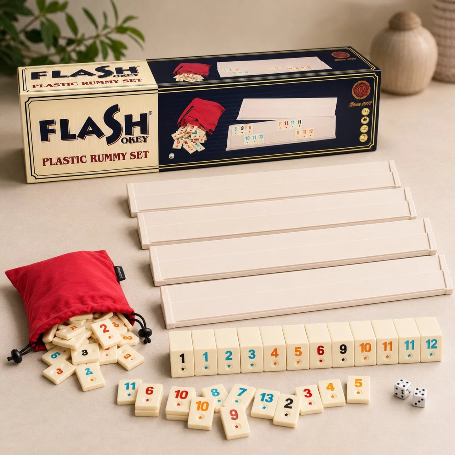 Premium Okey / Rummy Spiel aus Buchenholz mit großen Melaminsteinen – 4 Spieler