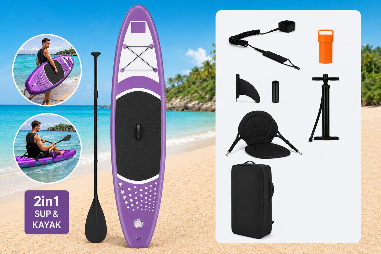 XXL SUP Board Set 366 cm Lila – Aufblasbares Stand Up Paddle Board mit Kajak Sitz, Paddel, Pumpe & Rucksack