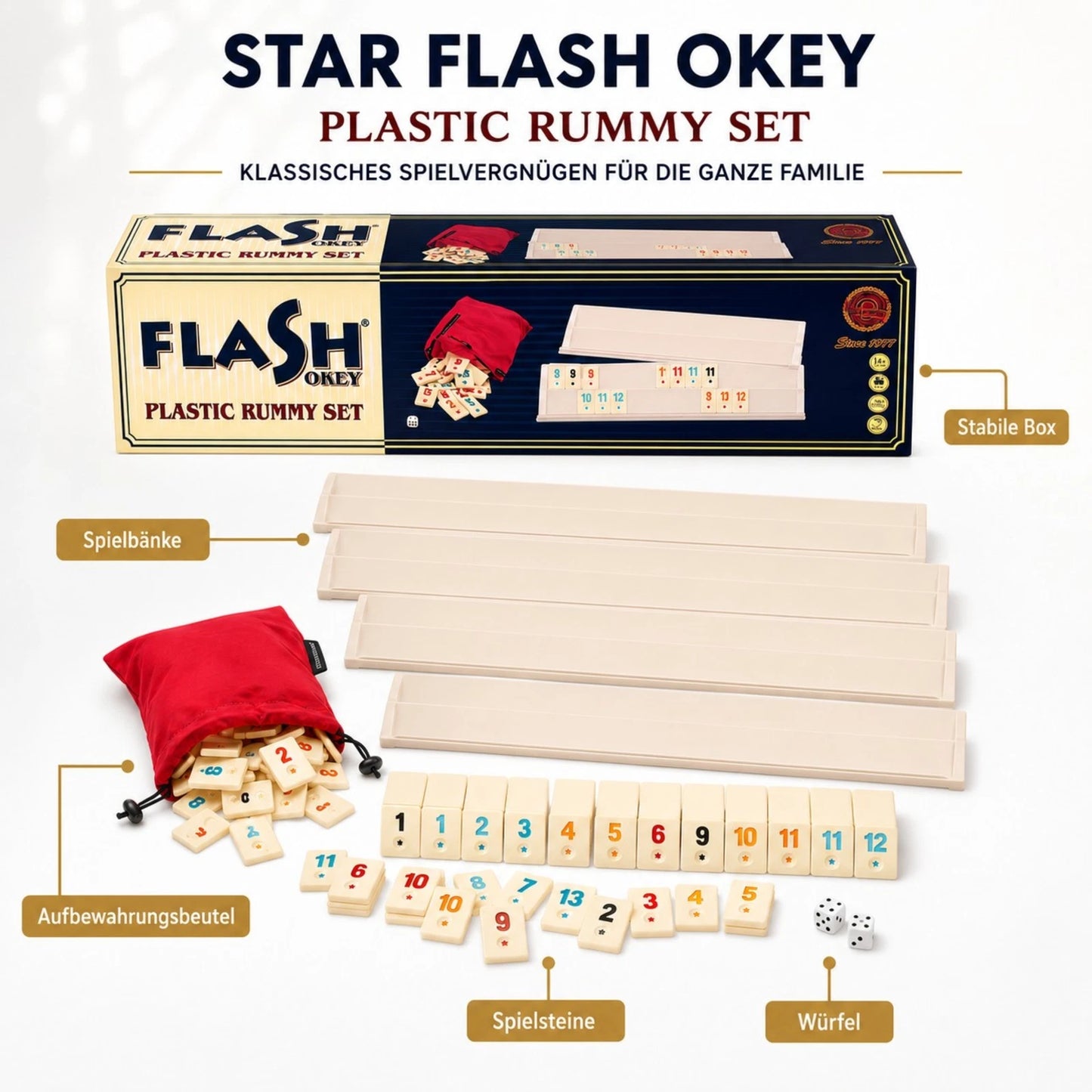 Premium Okey / Rummy Spiel aus Buchenholz mit großen Melaminsteinen – 4 Spieler