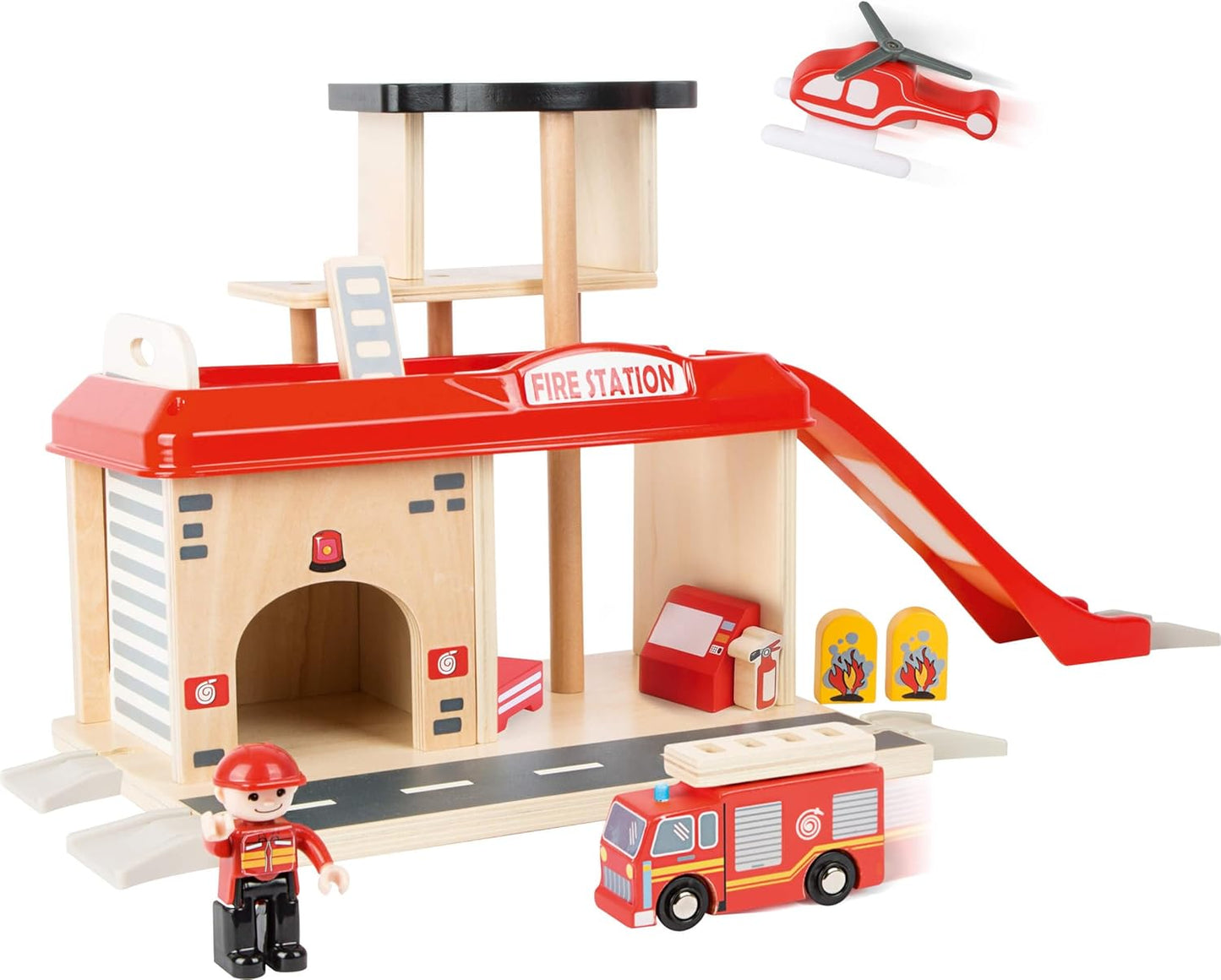 small foot Feuerwehrwache mit Feuerwehrauto & Hubschrauber – Holzspielzeug ab 3 Jahren