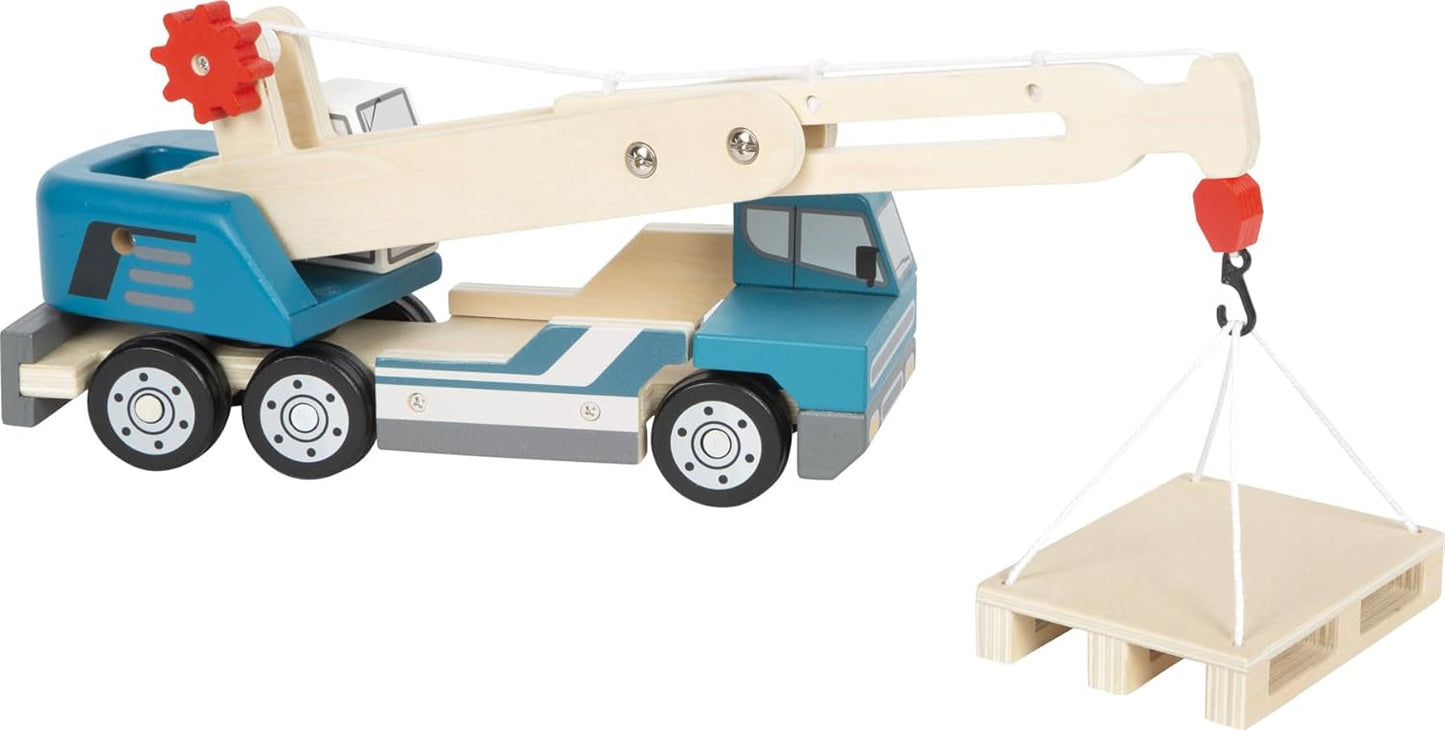 small foot Kranwagen mit Palette – Holz Baustellenfahrzeug mit 360° Kran