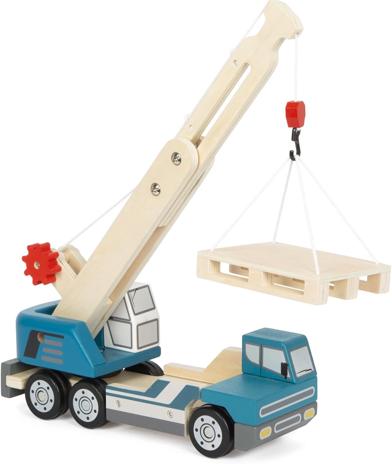 small foot Kranwagen mit Palette – Holz Baustellenfahrzeug mit 360° Kran