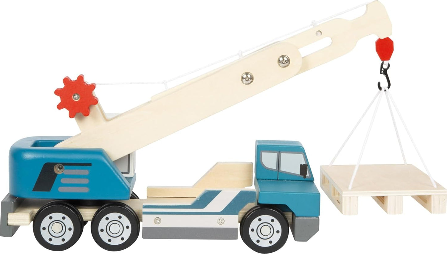 small foot Kranwagen mit Palette – Holz Baustellenfahrzeug mit 360° Kran