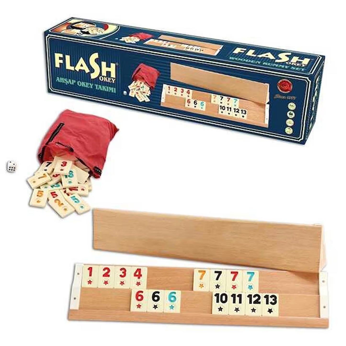 Premium Okey / Rummy Spiel aus Buchenholz mit großen Melaminsteinen – 4 Spieler